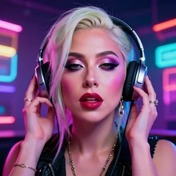 cyberpunk beautiful lady gaga self portrait listening to music in a colourful club, macro, vibrant, 3 0 mm photography, wide shot, dramatic lighting, octane render, hyperrealistic, high quality, highly detailed, artstation, hd, beautiful, cinematic, 8 k, unreal engine, facial accuracy, symmetrical