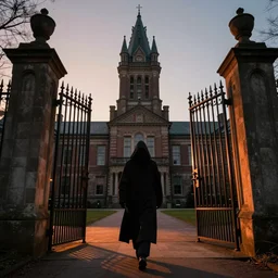 cloaked detective walking through the wrought iron gates of an old mental institution, a menacing tower looms over the courtyard, and an evening sun bathes the gates in a orange light, full shot, Anato Finnstark, featured on Artstation