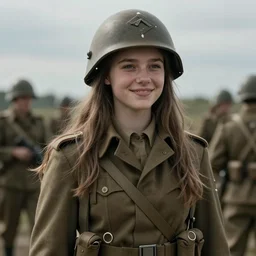 teenage female ww 2 soldier, long hair, dress, smiling, digital portrait by greg rutkowski, intricate, sharp focus, highly detailed, cinematic, epic, artstation