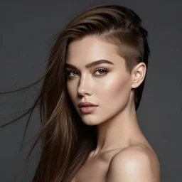 female model, portrait, beautiful, long hair on one side buzz cut on other side, photography by alexey kurylev, hyper realistic, photographic, studio lighting, dynamic lighting, sharp focus
