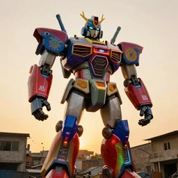 colourful giant mecha ROBOT of AJEGUNLE SLUMS in Lagos, markings on robot, neon lights, Golden Hour,