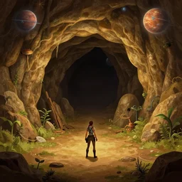 in front of a cave entrance, on an alien planet, from a space themed point and click 2 d graphic adventure game, set design inspired slightly by tomb raider, art inspired by thomas kinkade and william alexander