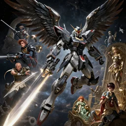 highly detailed vfx portrait of an dark souls gundam with wings of feathers beam saber fighting in space with a beam gun, unreal engine, greg rutkowski, loish, rhads, beeple, makoto shinkai and lois van baarle, ilya kuvshinov, rossdraws, tom bagshaw, alphonse mucha, global illumination, detailed and intricate environment