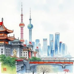 city of shanghai, chinese watercolor
