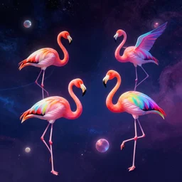 rainbow colored flamingos, flying through space, digital art