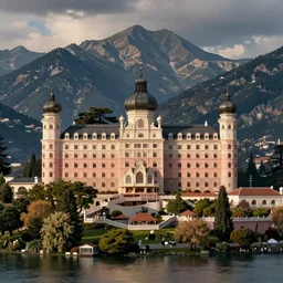 mountains, trees, and lake, from the grand budapest hotel