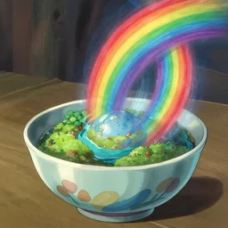 a rainbow whirlwind coming from inside a bowl inside there's another world and is syphoned away, style studio ghibli and wlop