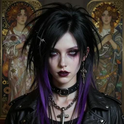 portrait painting of an androgynous gorgeous punk with shoulder length black hair with purple tips pale skin and beautiful eyes wearing badass clothes, ultra realistic, concept art, intricate details, eerie, highly detailed, photorealistic, octane render, 8 k, unreal engine. art by artgerm and greg rutkowski and magali villeneuve and alphonse mucha