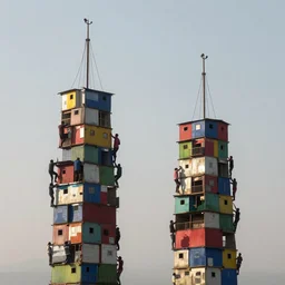 two suspending towers made up of colourful stacked makeshift squatter shacks with people climbing over, mamiya 8 5 mm, f 1. 7, late afternoon sunlight, misty, uniform plain sky, fine details, photographed by julie blackmon