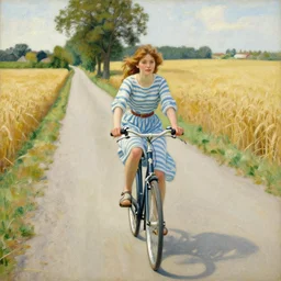 a girl wearing stripes riding a bicycle down a quiet Village Road with wheat fields on either side, painting by alphonse mucha-S 2007406894