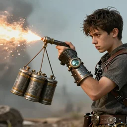 An boy wearing steampunk wristband that shoots out a grapple using steam canisters, epic fantasy art style HD