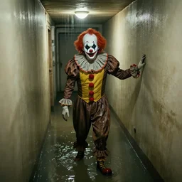 a creepy clown at a flooded basement hallway. craiglist photo.