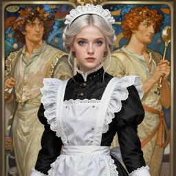 digital concept art by artgerm and greg rutkowski and alphonse mucha. full body!! illustration of a beautiful platinum blonde victorian maid. beautiful slender face, playful updo, big blue eyes, fine pointy chin, slender nose, high cheek bones, soft lips. maid in a black dress with white apron. lace, embroidery, leather, studs. hyper detailed, intricate, elegant, digital painting, artstation, smooth, sharp focus