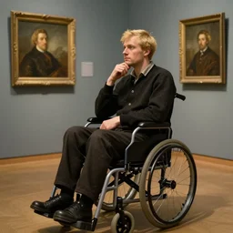 a blonde man sitting in a wheelchair pondering about life, portrait in the style of rembrandt, rembrandt exhibition, 4 k high definition, masterpiece