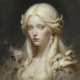 stunning goddess of ghost portrait, ashes, ivory, dirt, fantasy, intricate, elegant, highly detailed, digital painting, artstation, concept art, smooth, sharp focus, illustration, art by afshar petros and krenz cushart and artem demura and tony sandoval