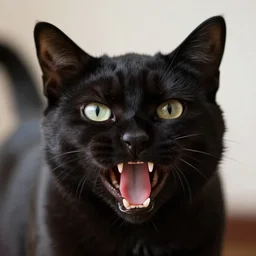 angry black cat mouth open wide view
