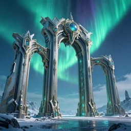 a very detailed concept art of intricate and well designed eldar gates to north pole, infused with aurora borealis, dynamic lighting, trending on artstation, path traced, highly detailed, high quality, digital painting, digital art, 4 k, hyper realistic, octane render, sharp focus