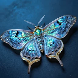 high quality macro photo silky iridescent moth! jewelled gorgeous! highly detailed david ligare elson peter cinematic blue neon lighting high quality low angle hd 8k sharp shallow depth of field