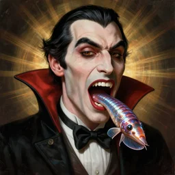 a vampire with a sea lamprey!!!!! mouth, in the styles of peter mohrbacher, gerald brom, and marc simonetti, intricate, hyperrealistic, volumetric lighting