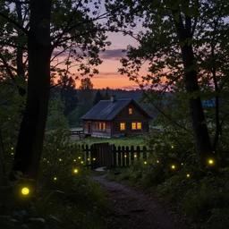 fireflies in a forest inspired by Evgeny Lushpin,cottage,sunset,spring,cinematic,trending on ArtStation
