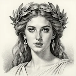 long shot realism pencil drawing of the beautiful greek goddess aphrodite wearing a laurel wreath and arrowhead earrings, beautiful confident eyes, beautiful flowing hair, glowing god eyes, hyper realistic face, in the style of artgerm, fantasy, amazing detail, epic, elegant, smooth, sharp focus, from the front