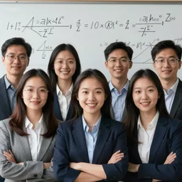 Photograph of a group of happy asian mathematicians. Highly realistic. Highly detailed. High resolution. Dramatic. 8k