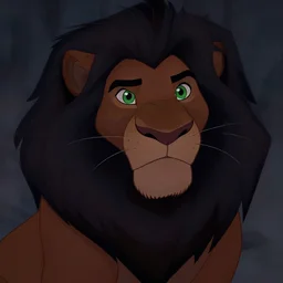 screenshot of Scar from the lion king. (1994), iconic scene, black mane, dark fur, green_eyes, villain character, evil lion, HD remaster, Disney, highly detailed, high quality, detailed fur, scar