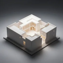 architectural model, isometric view, studio lighting, low contrast, brightly lit studio, highly detailed, tall stacked long boxes, large windows, courtyard, gabled roof, futuristic, square hotel, tree