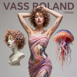Vass Roland cover art body art arms up armpit hand behind head pose future bass girl unwrapped dress smooth body unfolds statue bust curls of hair petite lush front and side view body photography model full body curly jellyfish lips art contrast vibrant futuristic fabric skin jellyfish material metal veins style of Jonathan Zawada, Thisset colours simple background objective