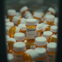 a film still of prescription medicine bottles piling up in a vault, shallow depth of field, cinematic, award winning cgi, vfx, film still cfg _ scale : 1 8. 0