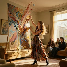 pretty girl!! model in a suburban living room, golden hour, making art that is melting off the canvas into the air : : by martine johanna and simon stalenhag and chie yoshii and casey weldon and wlop : : ornate, dynamic, particulate, rich colors, intricate, elegant, highly detailed, the vogue, harper's bazaar art, fashion magazine, smooth, sharp focus, 8 k, octane render,