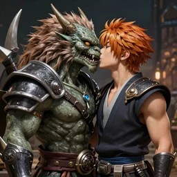 a fantasy comic book style portrait painting of jjapanese monster shuten doji and ibaraki doji kiss, unreal 5, daz, hyper realistic, octane render, rpg portrait, ambient light, dynamic lighting