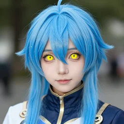 dslr portrait photo still of rimuru tempest with blue hair and!!!!! yellow eyes eyes that are yellow yellow eyes!!!!!, 8 k, 8 5 mm f 1. 8