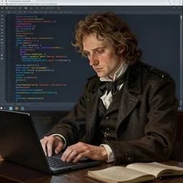 leo tolstoy as coder, leo tolstoy coding, leo tolstoy a hacker, trending on artstation, unreal engine, fantasy art