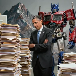 obama nervously standing by a mountain of papers, cybertronian, long shot, cinematography by wes anderson, 4 k octane render, intricate detail, photorealistic, cinematic lighting, artstation