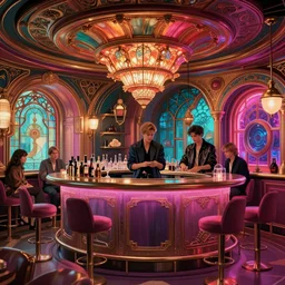 cyberpunk bar interior, intricate, elegant, vivid colors, highly detailed, john park, craig mullins, sparth, ruan jia, jeffrey catherine jones