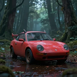 an abandoned devil car on a ominous forest biome by pixar, smooth, cinematic, wet reflections, ray tracing x, rtx, smooth