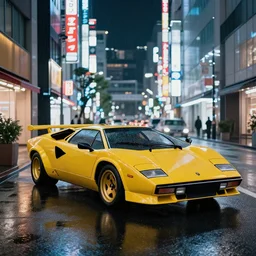 photograph of a lamborghini countach parked in a rainy wide tokyo street at night with neon light signs illuminating the scene, sharp focus, highly detailed, ray tracing, cinematic, moody, hdr, 4 k, incredible detail