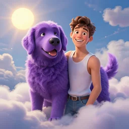 portrait of a ( ( ( a big purple dog ) ) ) ), ( ( ( handsome young hot cheerful italian boy ) ), full of clouds and magic, the sun, concept character, by greg rutowski and tezuka and oi and oi and a lot and bierstadt and remington, trending on artstation