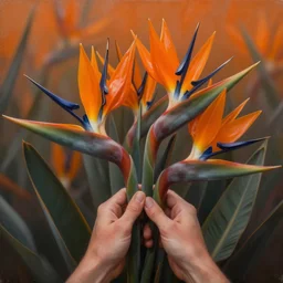 neo-surreal high detail painting of human hands holding Birds of Paradise flowers robert steven connett dramatic orange light 8k high angle shallow depth of field