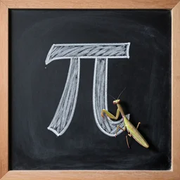 Mantis drawing a pi symbol and decimals on a blackboard