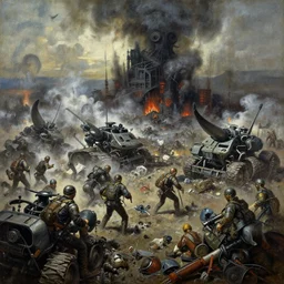 oil painting of 1 9 7 8 battle - panorama nightmare of horror machines only fang garbage, by alberto bontempi, by francesco blanc 1 9 7 1, richard m powers landscape, horror by enric torres, by jack gaughan, simon bisley & boris vallejo, hyper realism, cinematical