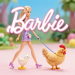 barbie walking her pet chicken on a leash
