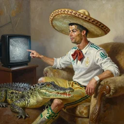 portrait of cristiano ronaldo wearing a sombrero on his head, sitted on the couch with a crocodile, watching television, oil on canvas by william sidney mount,