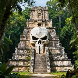 mayan temple in form of punisher skull. background jungle
