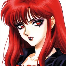 highly detailed professional portrait of 9 0 s seinen manga art of goth woman with red hair, black makeup, and red eyes. chunibyo. manga cover. man that's coherent and beautiful!