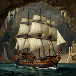 a singular 15th century three mast ship Manowar in the foreground, in a cave with stalagmites and stalagtites. Matte painting in the style of Marc simonetti and Christophe vacher and Hubert Robert, detailed, complementary colors trending on artstation.