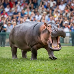 a hippopotamus rampaging through sports crowd.
