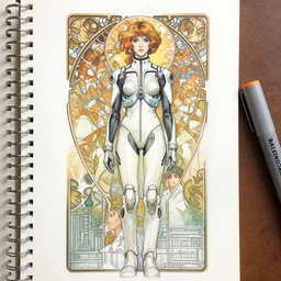 an art nouveau copic maker sketch of an architecture student girl wearing evangelion pilot suit designed by balenciaga by john berkey by stanley artgerm lau, greg rutkowski, thomas kinkade, alphonse mucha, loish, norman rockwell