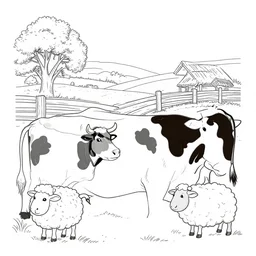 colouring page of a new zealand farm, cows and sheep in the style of disney's home on the range, clean cel, vector art